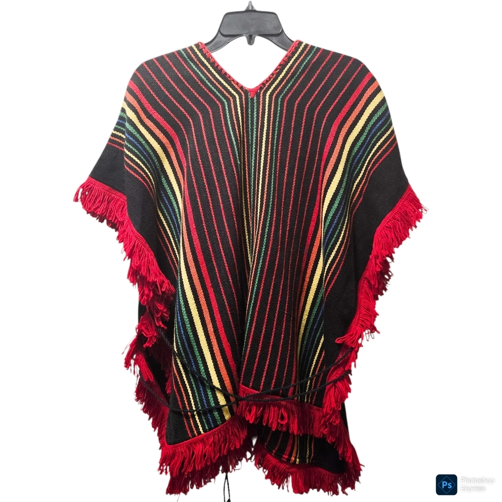 Vintage Handwoven Mexican Poncho – Rainbow Striped Fringe Shawl – Unisex One Siz